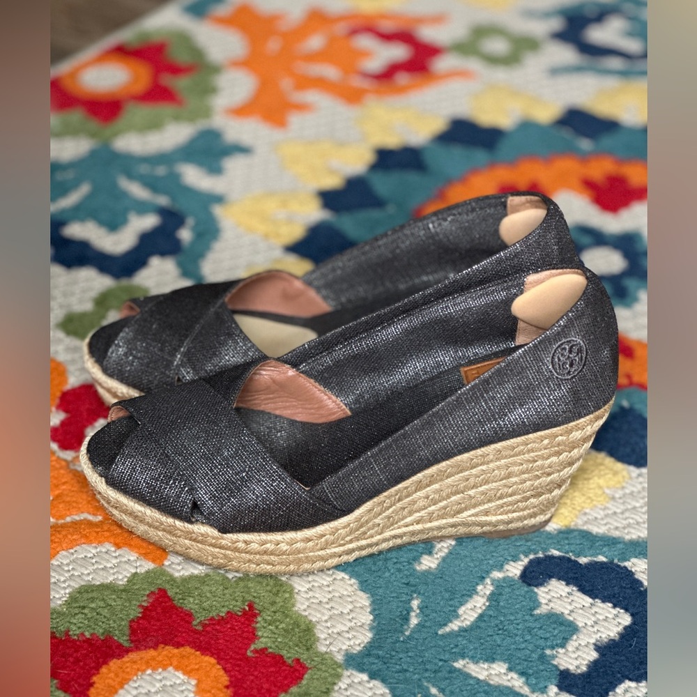 Tory Burch Filipa Pewter Metallic Crisscross Wedge Espadrilles Size 8B